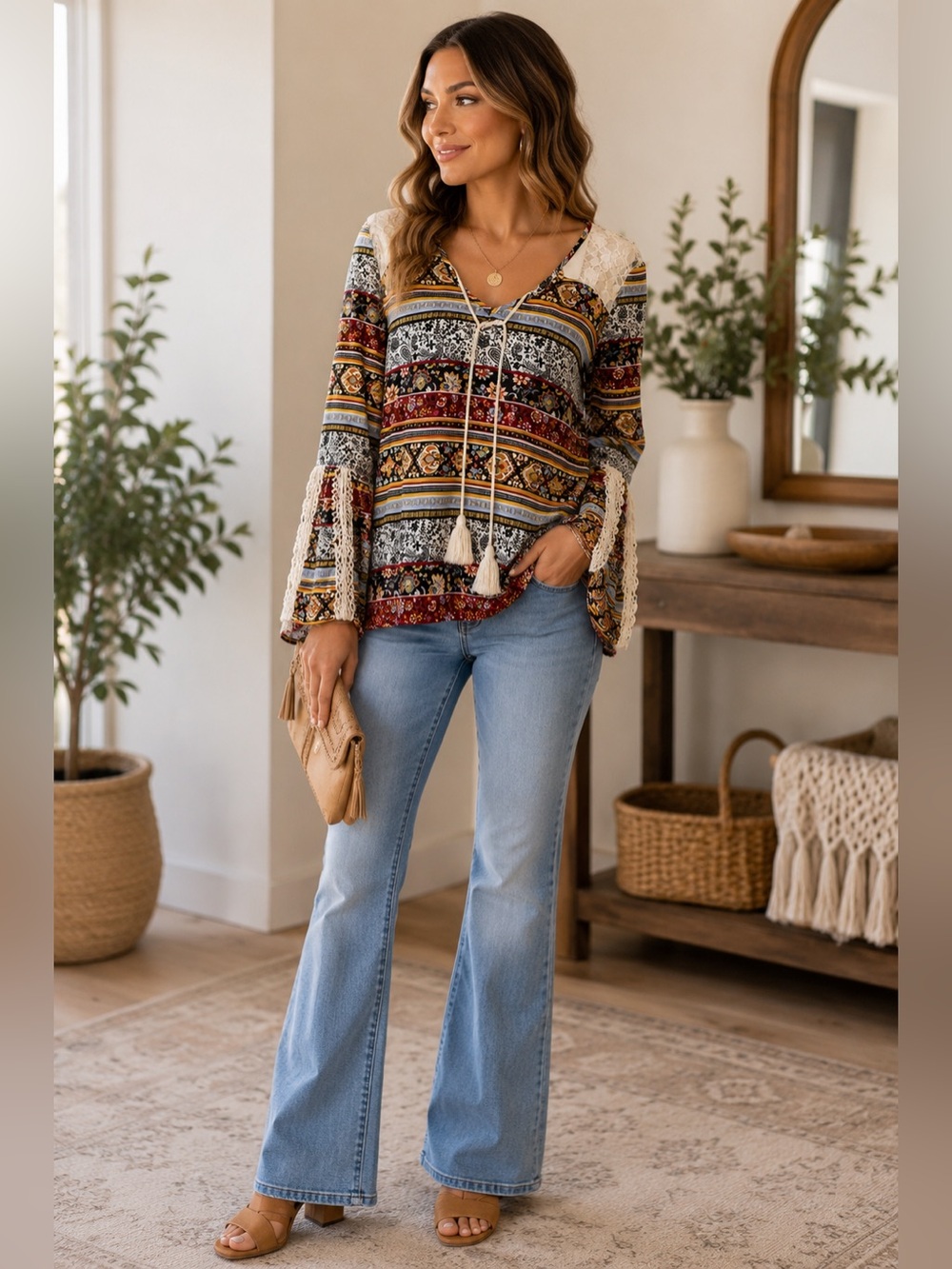 Olsenboye Multicolor Boho Bell Sleeve Blouse - Size Medium - Lace Accents